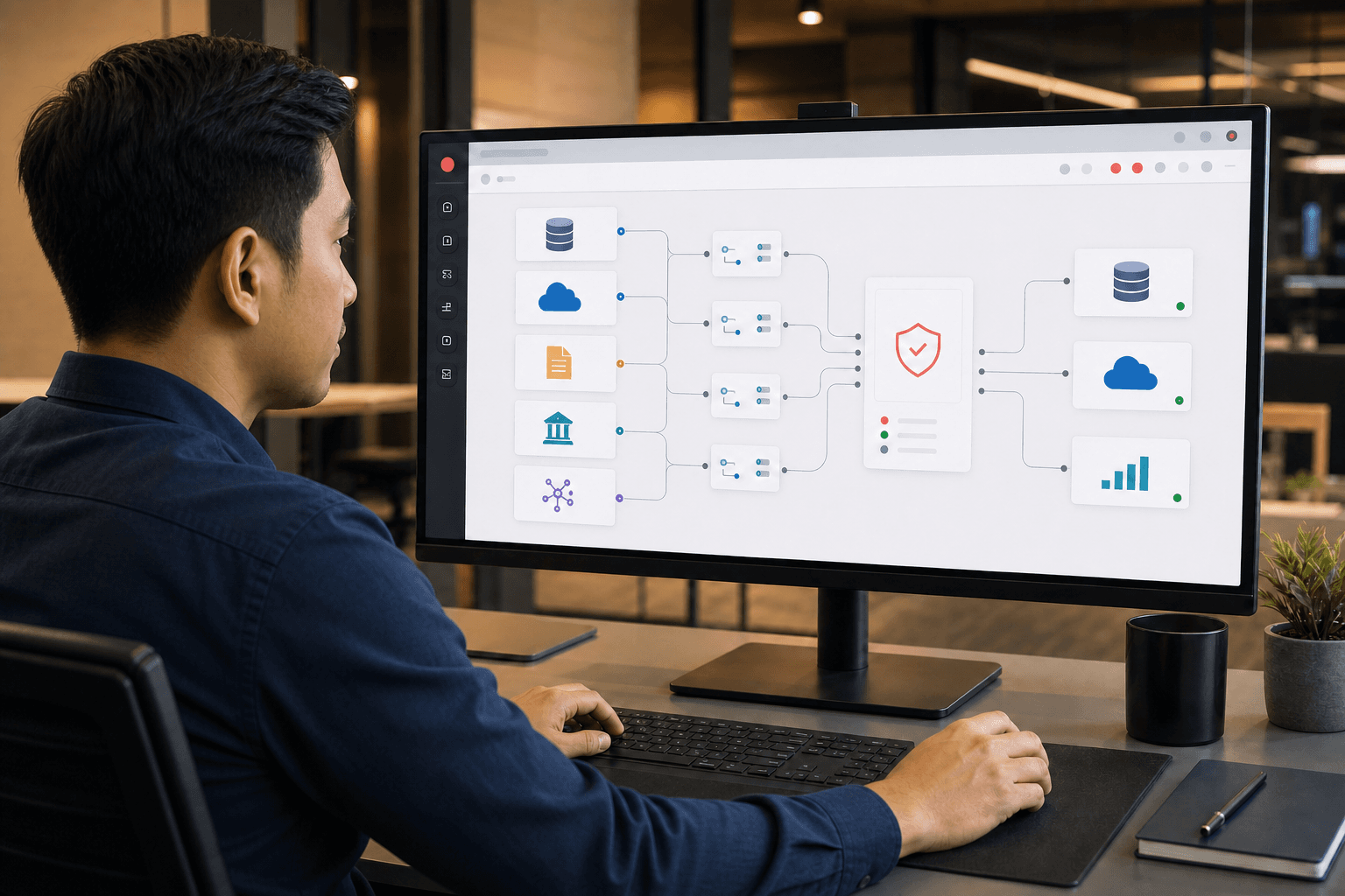 Analyst tracing data lineage from source systems to dashboards
