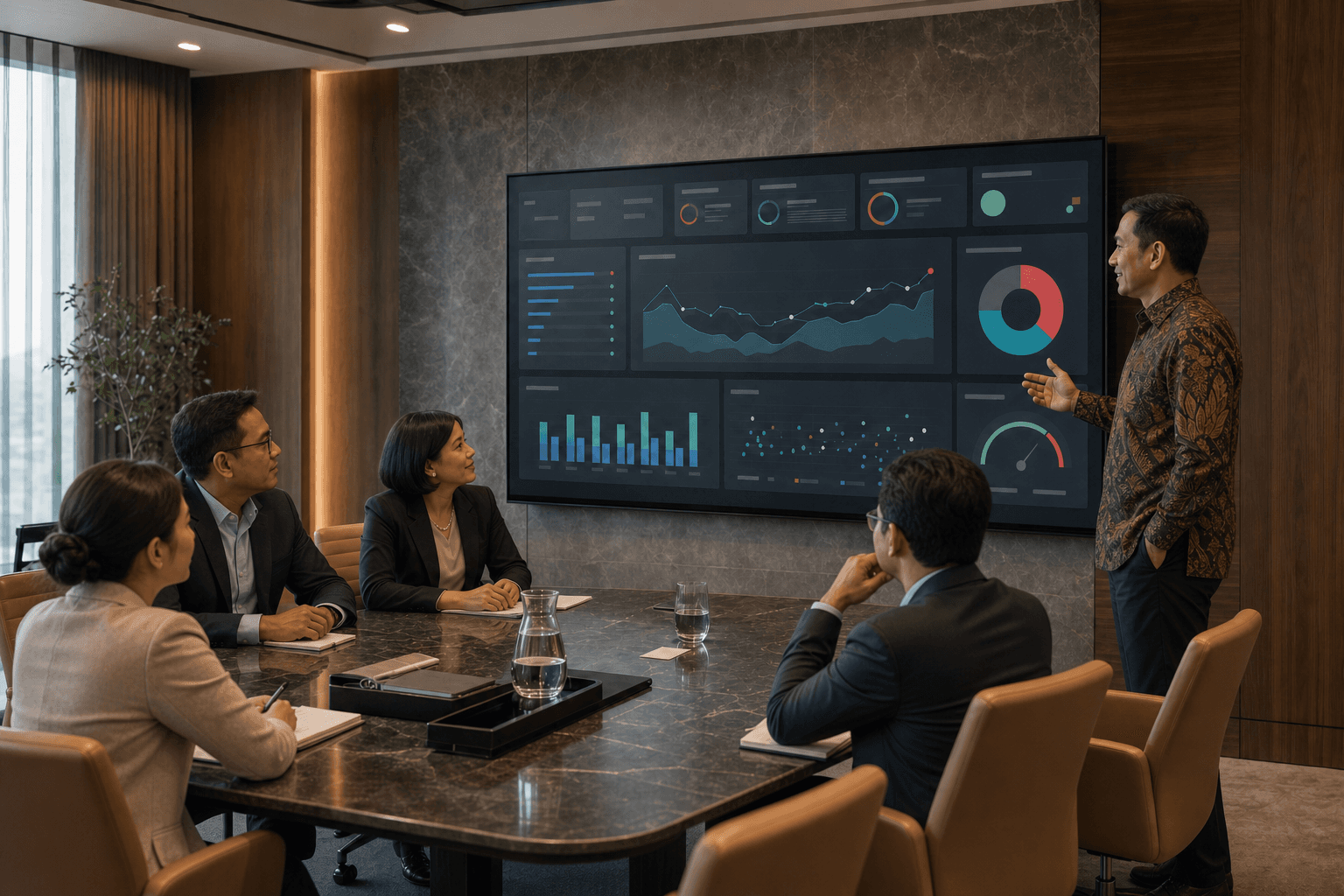 Team monitoring performance through interactive dashboards and structured reports