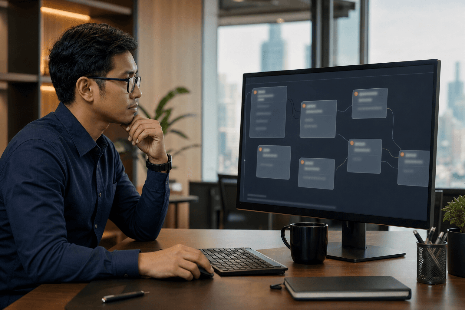 Data architect connecting metrics and definitions in a governed semantic model