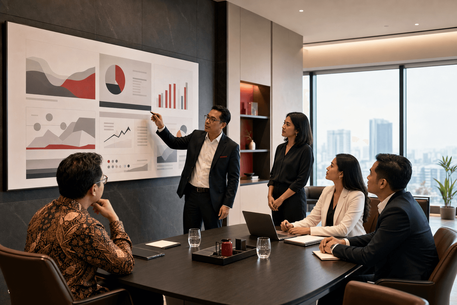 Leadership team reviewing connected metrics in an executive analytics environment
